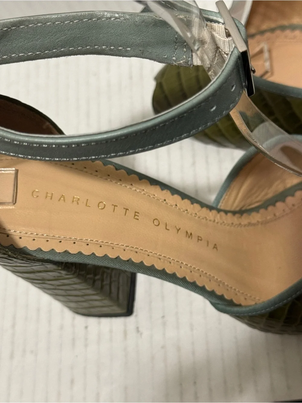 Charlotte Olympia Green Croc Embossed Leather Peep Toe Shoes Pin up Sz 35 5 US